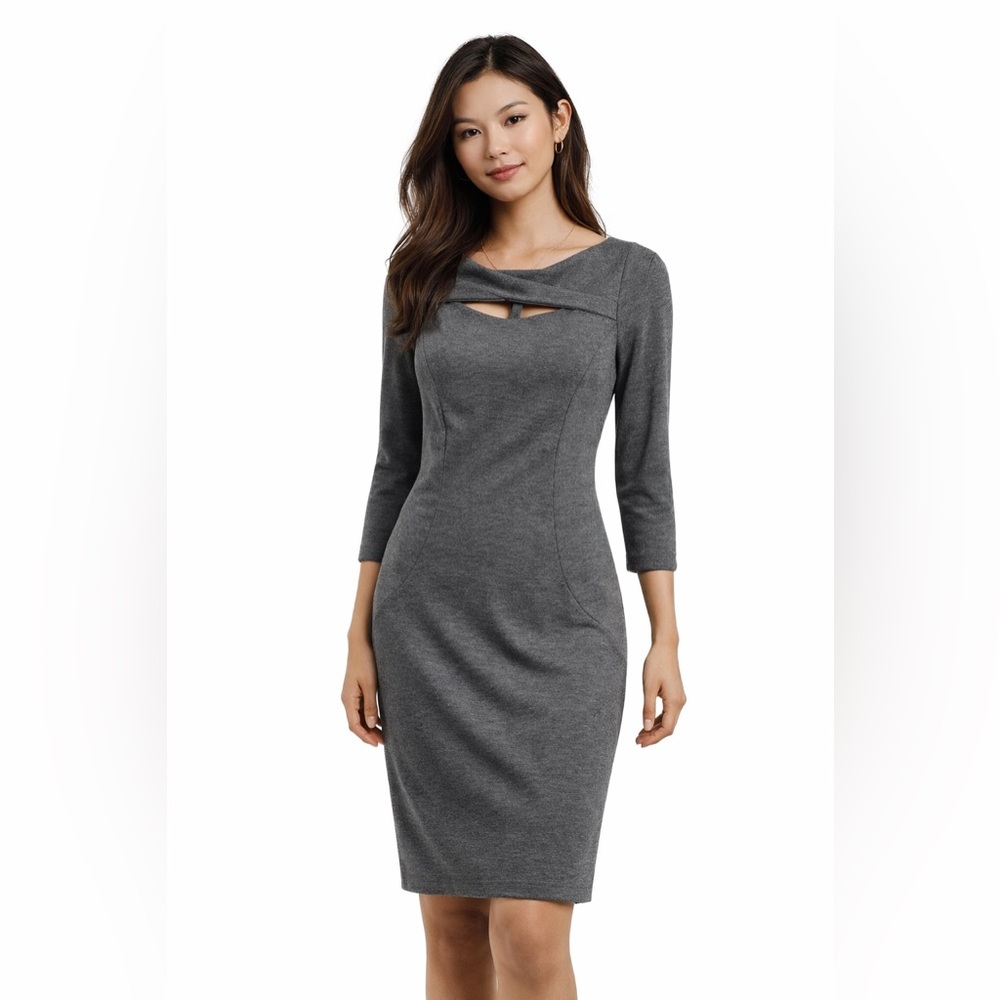 Diane Von Furstenberg Gray Sheath Dress 3/4 Sleeve Cutout Neck Midi Size 6